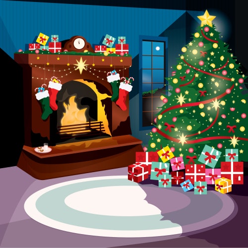 A Christmas tree, decorations, and presents in a cosy family room with a fire going
