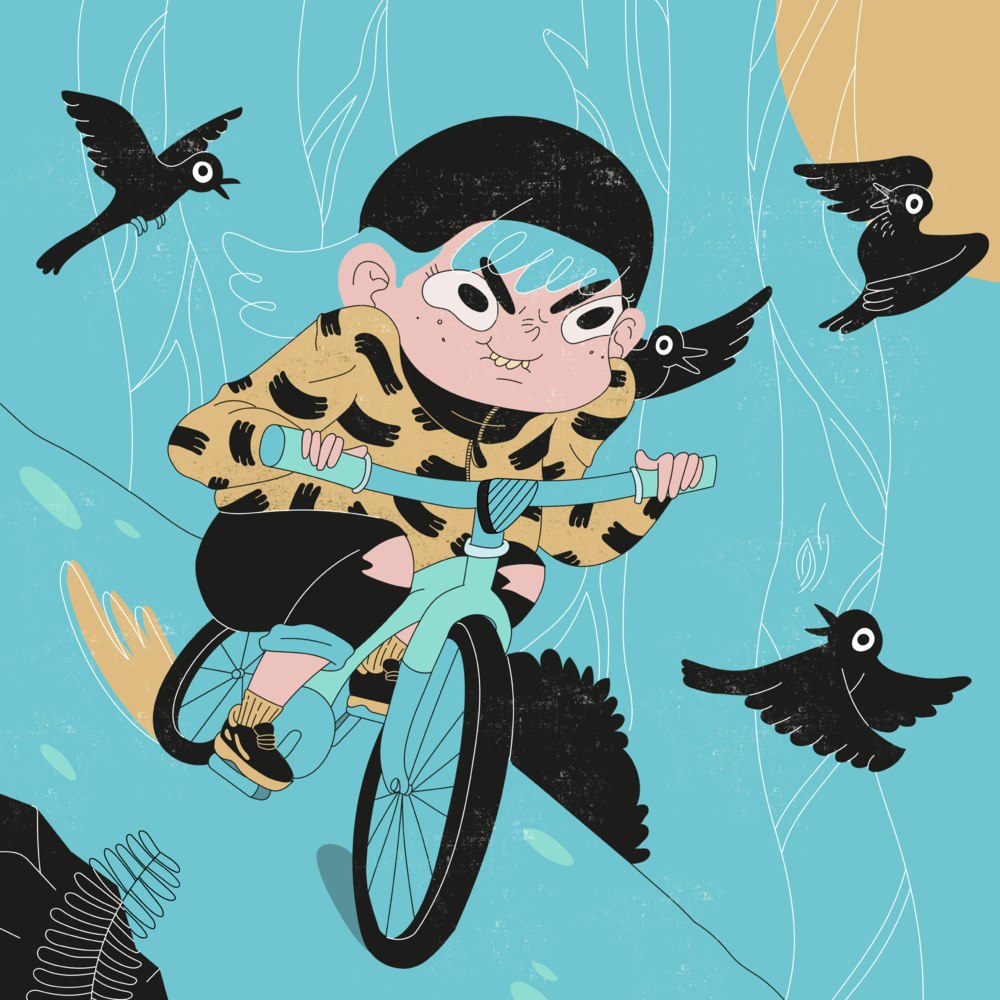 Cartoon-style child on a bicycle surrounded by flying black birds