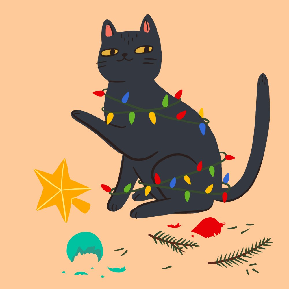 Cat tangled up in Christmas lights
