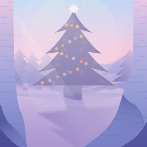 Christmas tree with twinkling lights in a snowy landscape