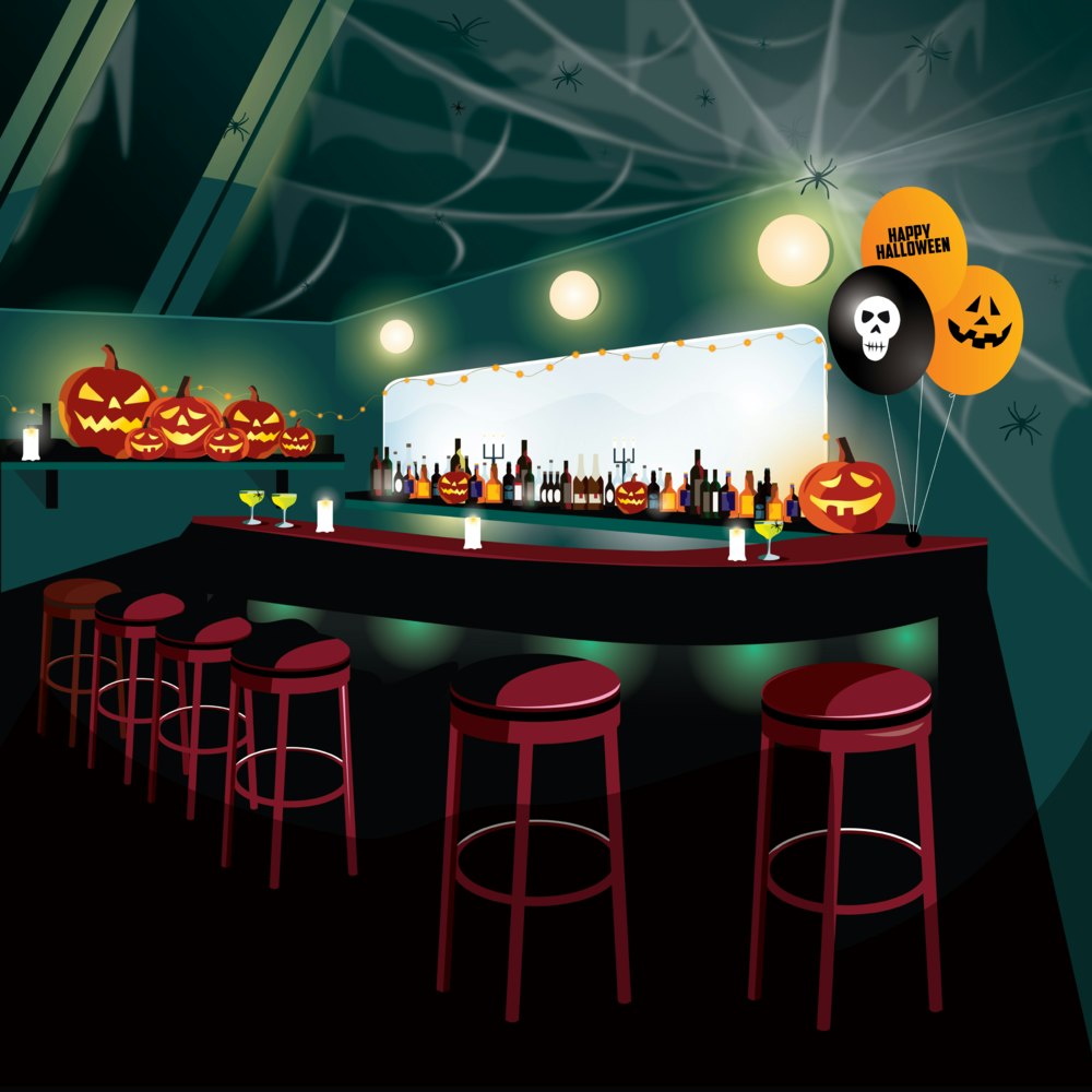 City bar decorated for a Halloween party