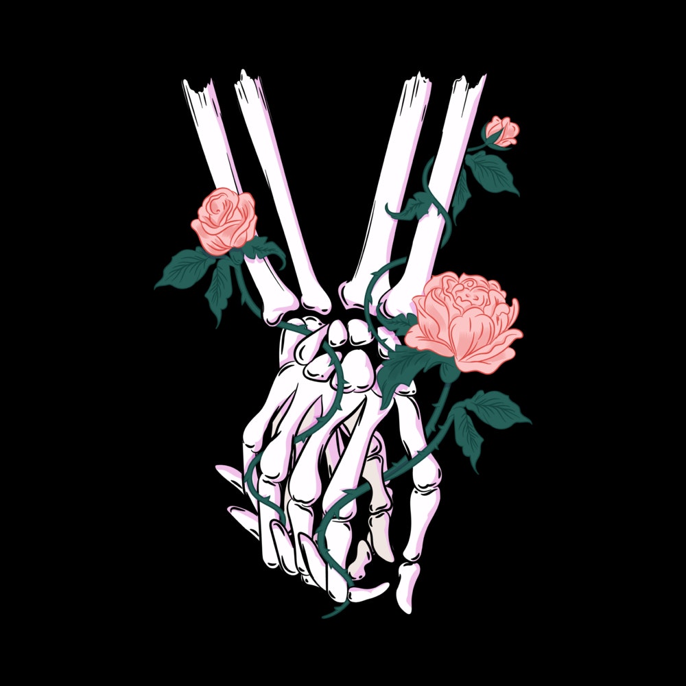 Free Art - Close-up of two skeletons holding hands, with roses wrapped