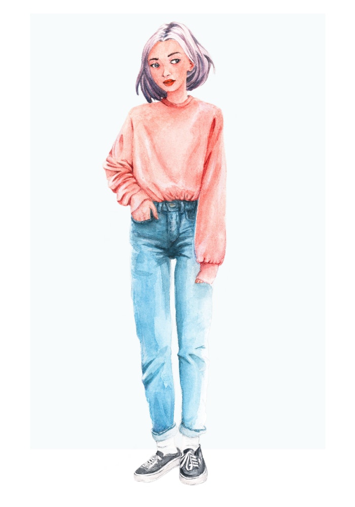 Contemporary girl wearing jeans and a pink sweatshirt