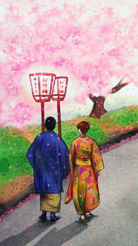 Couple in traditional Japanese clothing walking past blooming cherry blossom trees