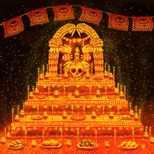 Día de Muertos altar honoring the Mexica-Aztec goddess, Coatlicue