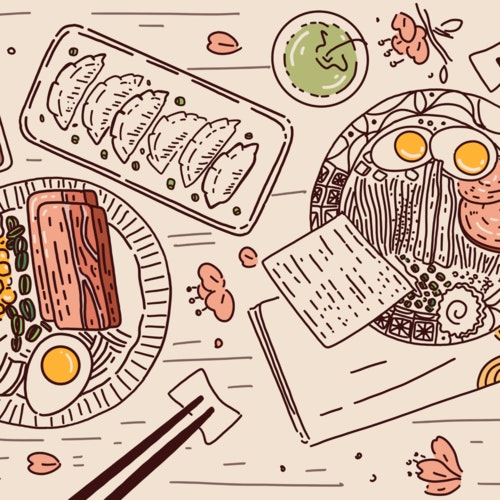 Feast of Japanese cuisine including Ramen and Gyoza