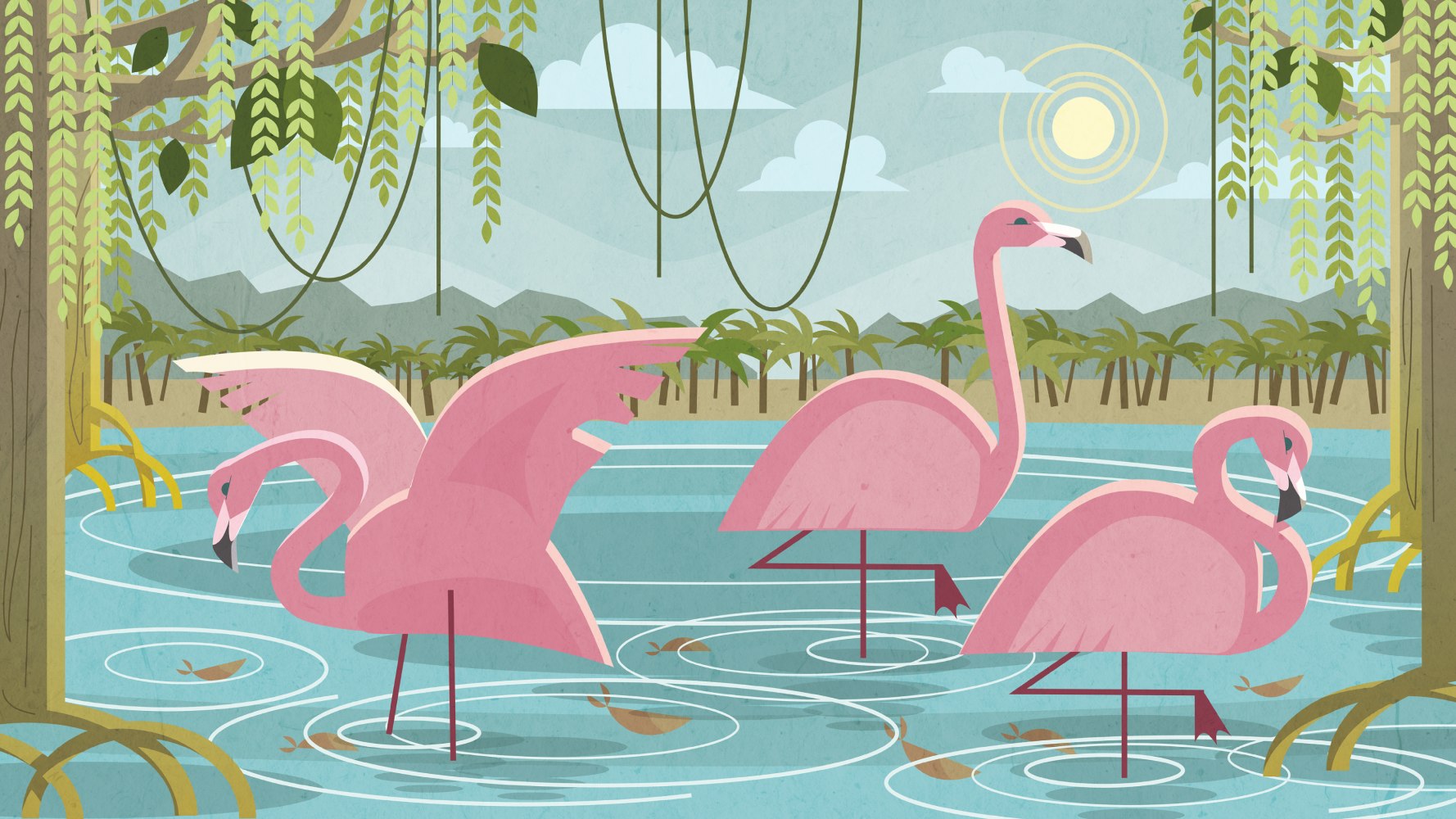 Flamingos at a watering hole