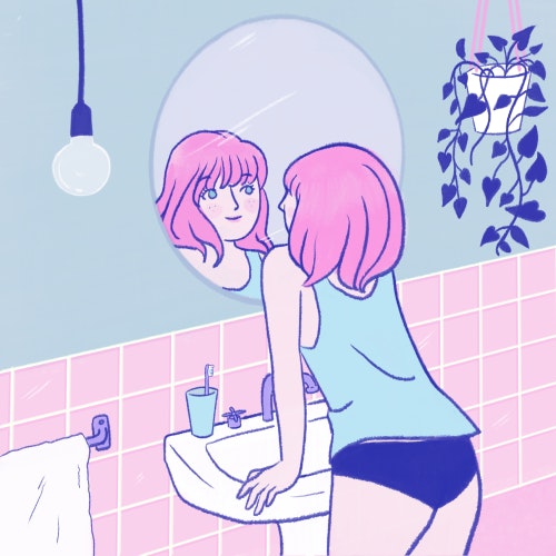 Girl in bathroom getting ready in the morning