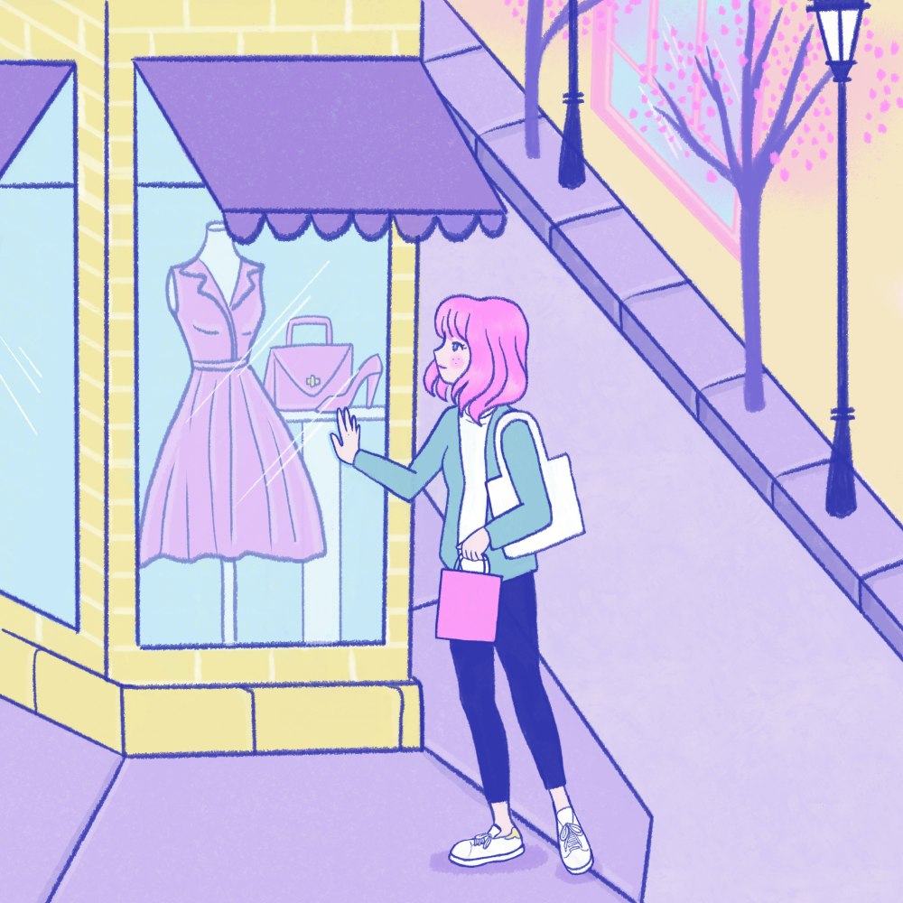 Girl looking at dresses in a city store window