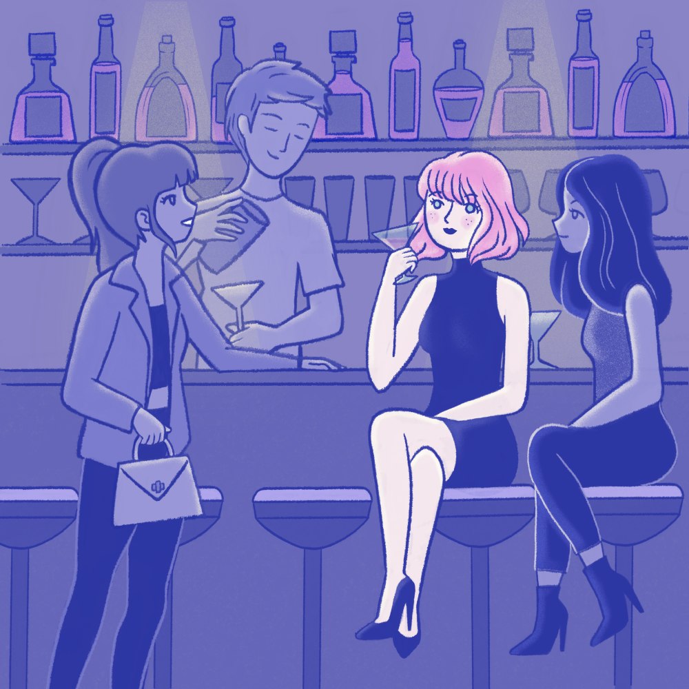 Girl meeting her friends at a city bar for drinks at night