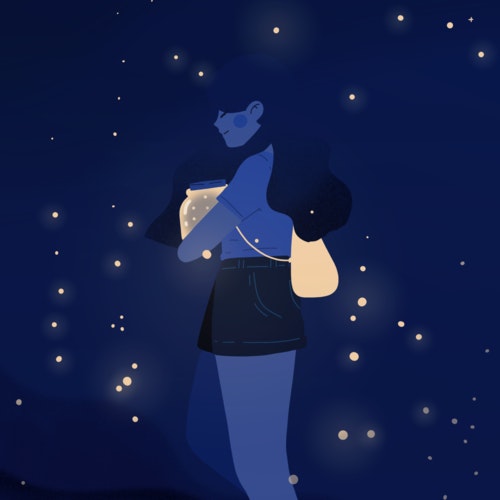 Girl standing in a twilight field holding an open jar of fireflies