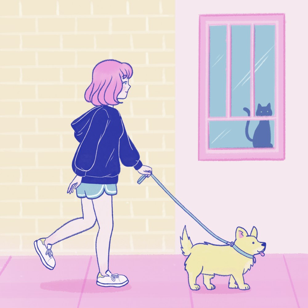 Girl taking her dog for a walk in the morning