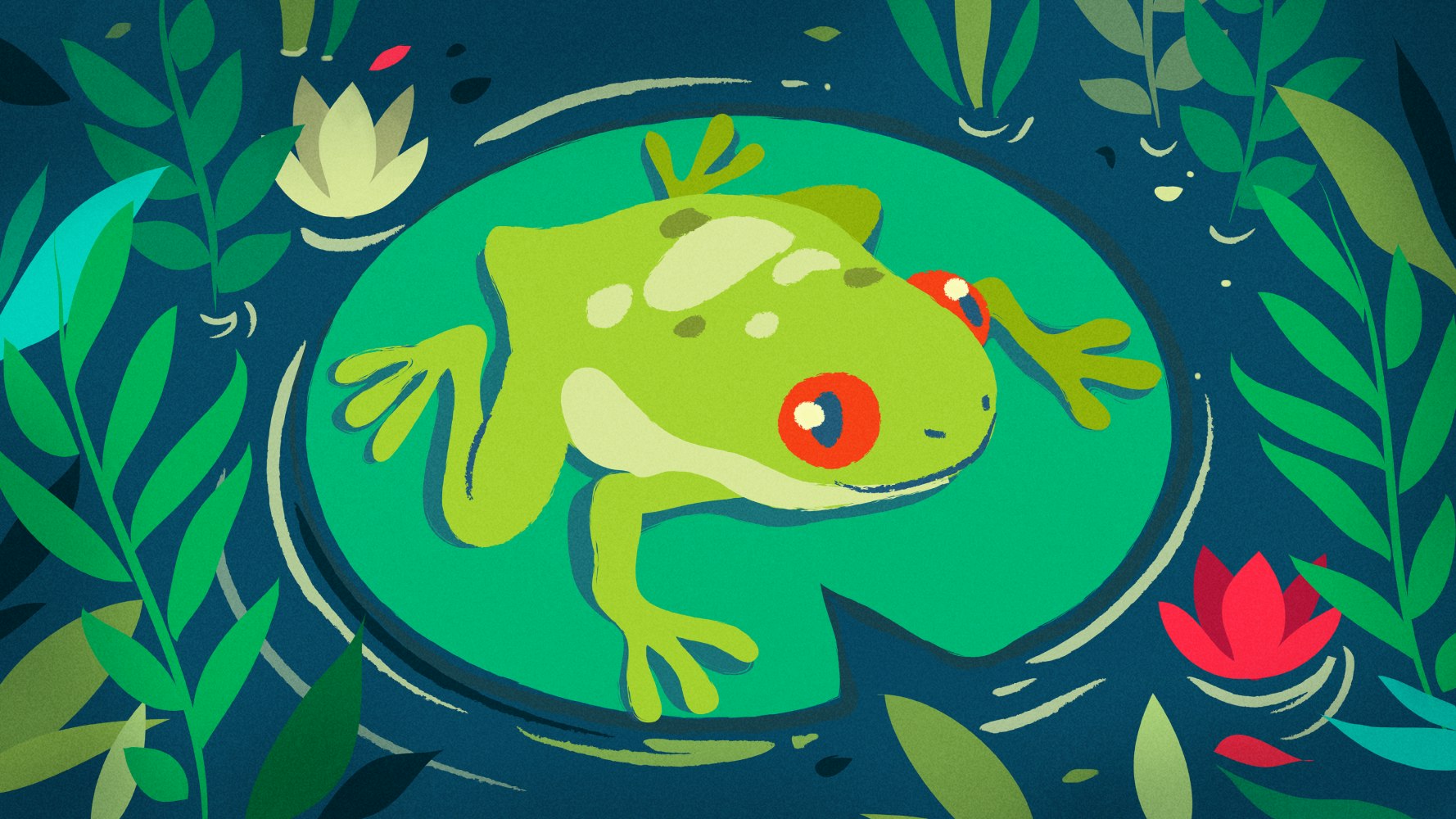 Green Frog floating on a lily pad
