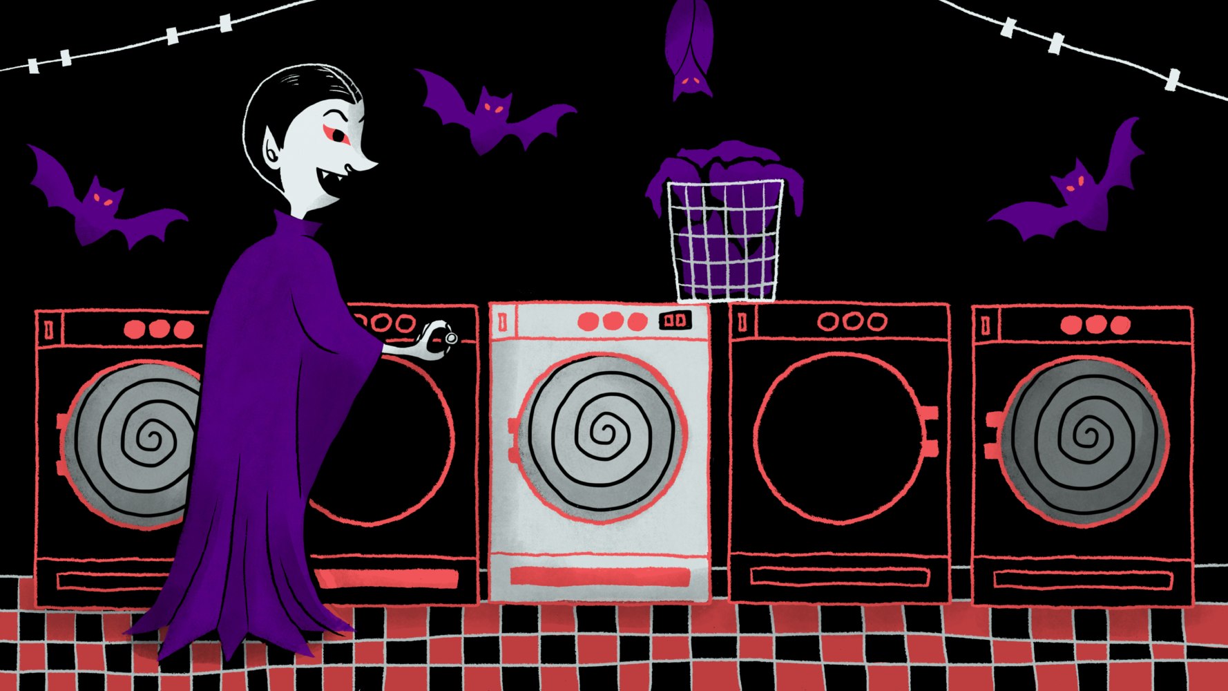 Halloween Vampire doing laundry at a laundromat