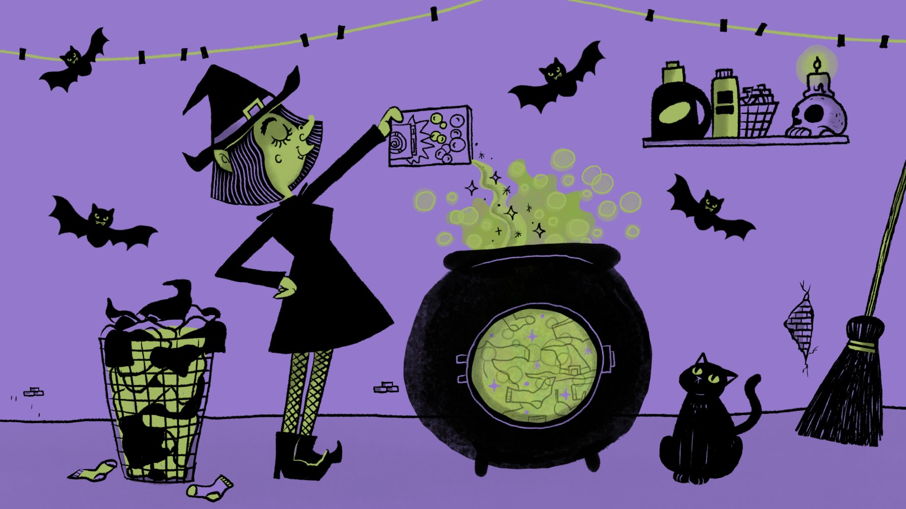 Halloween witch making a potion in a large cauldron