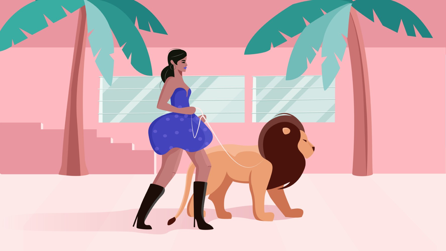 High fashion woman walking a lion on a leash