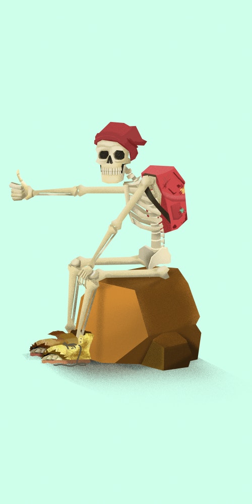 Hitchhiking skeleton sitting on a rock