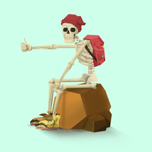Hitchhiking skeleton sitting on a rock