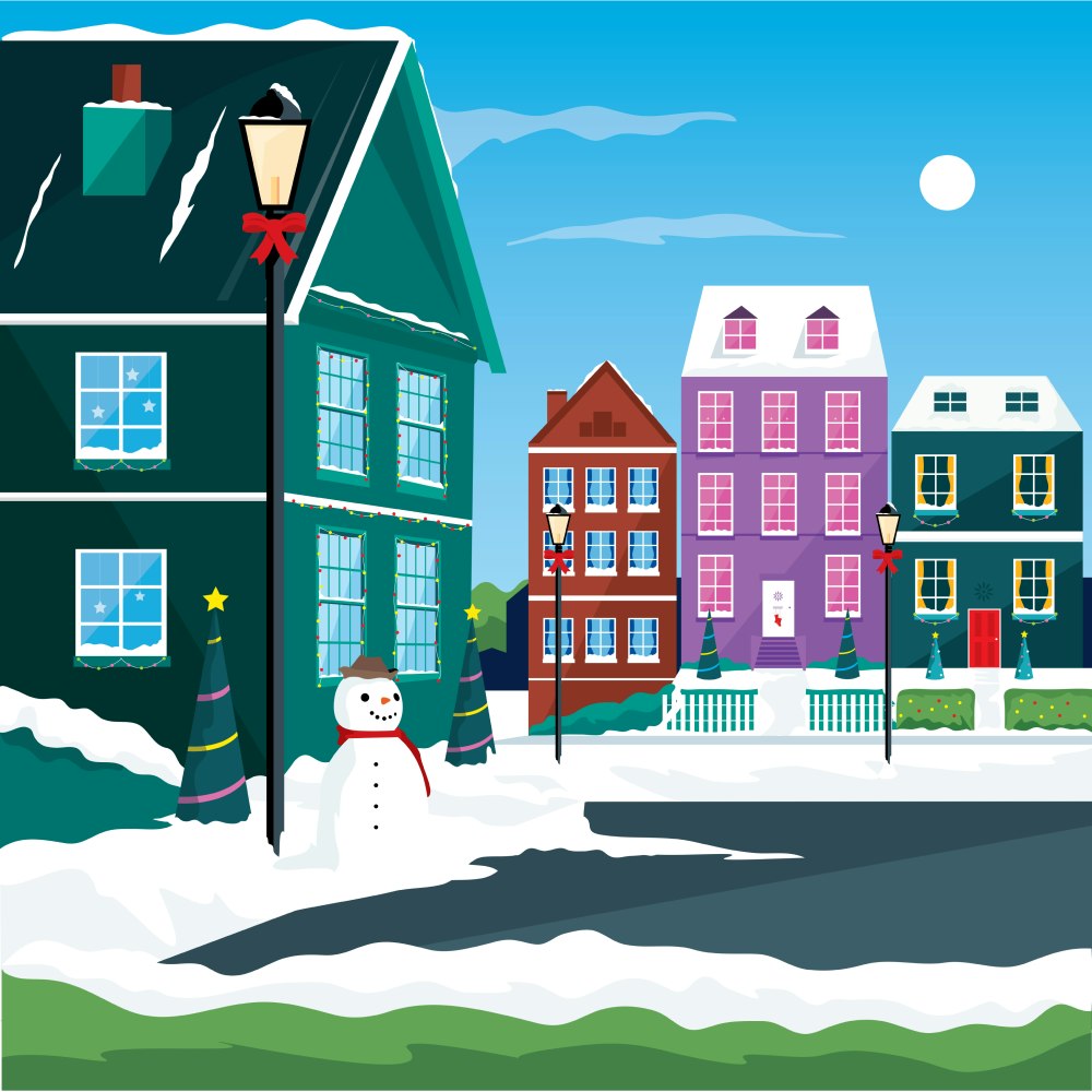 Houses decorated for Christmas with snow and a snowman