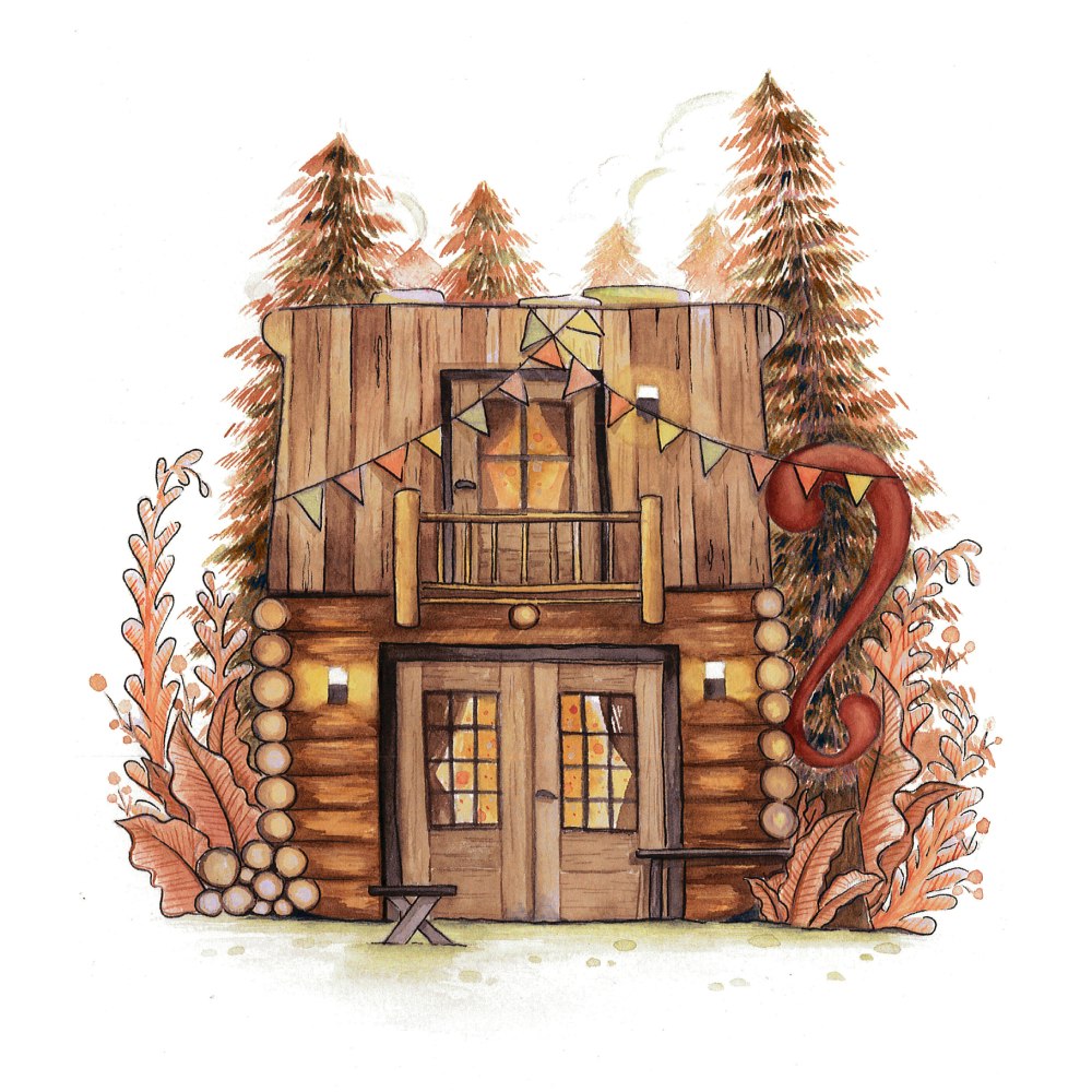 log cabin in the woods drawing