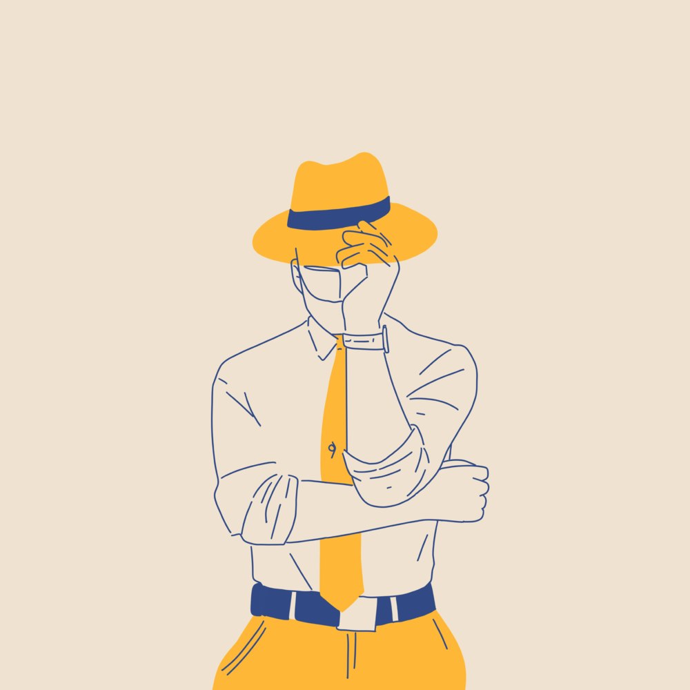 Man holding the brim of a yellow fedora that covers his face