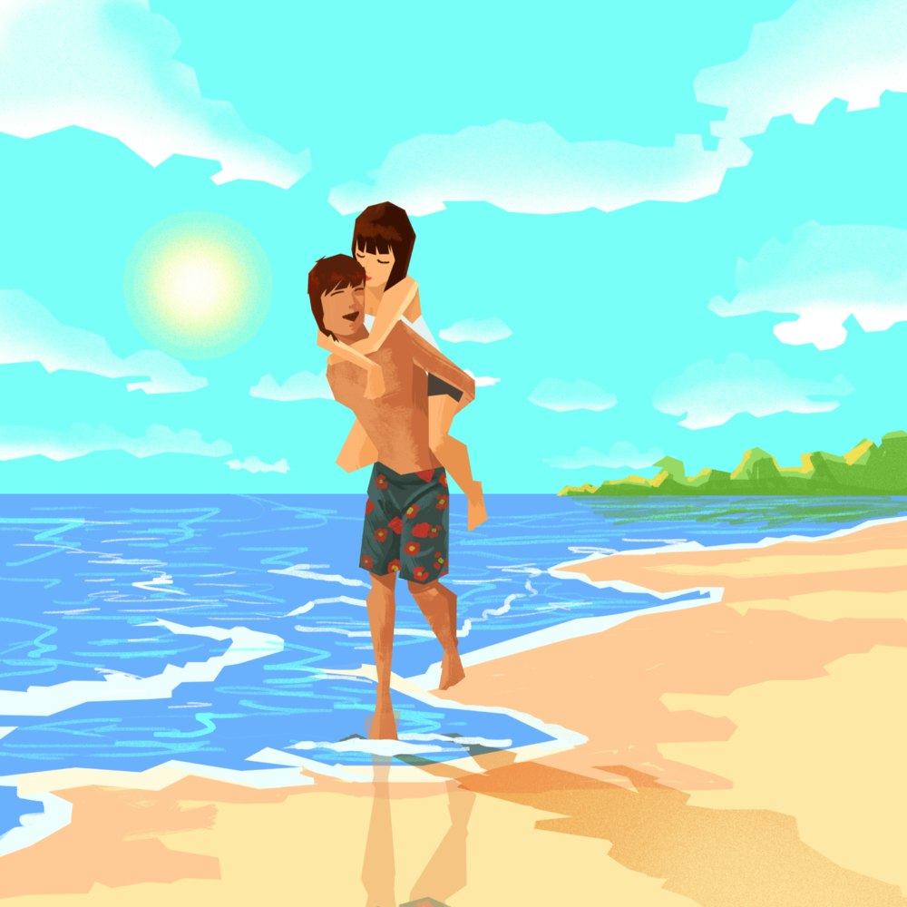 Man piggybacking a woman at the beach on a sunny day
