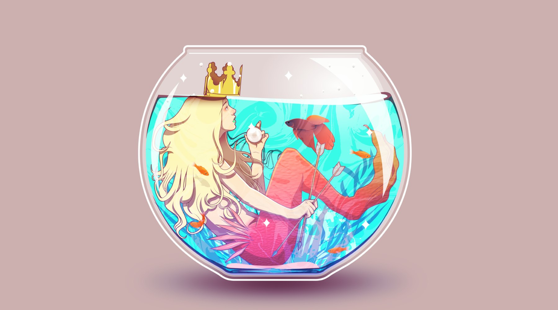 Mermaid sitting inside a small fishbowl