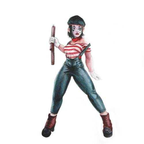 Mime in costume including painted face and beret