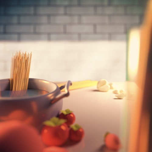 Pasta cooking in a pot and vegetables on a kitchen bench