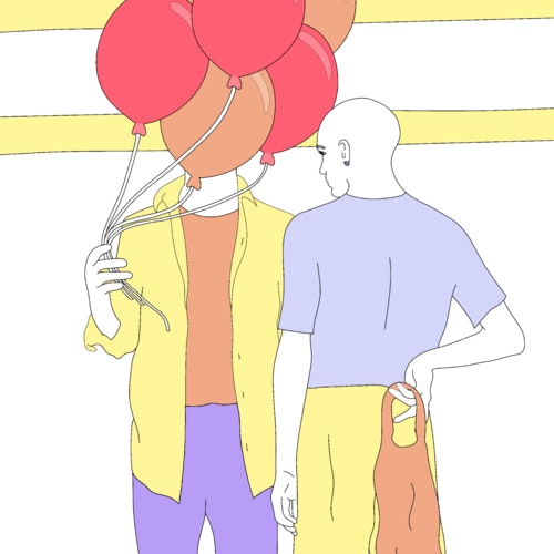 Person holding colorful balloons, standing in front of another person