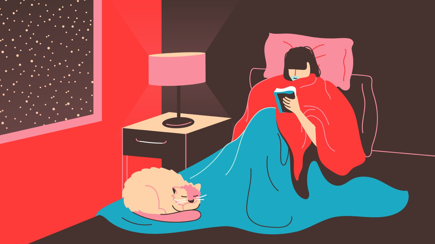 Person reading a book while wrapped in warm blankets, with a cat at their feet