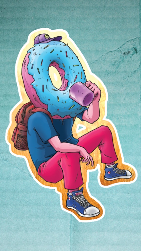 Person with a donut head drinking a cup of coffee