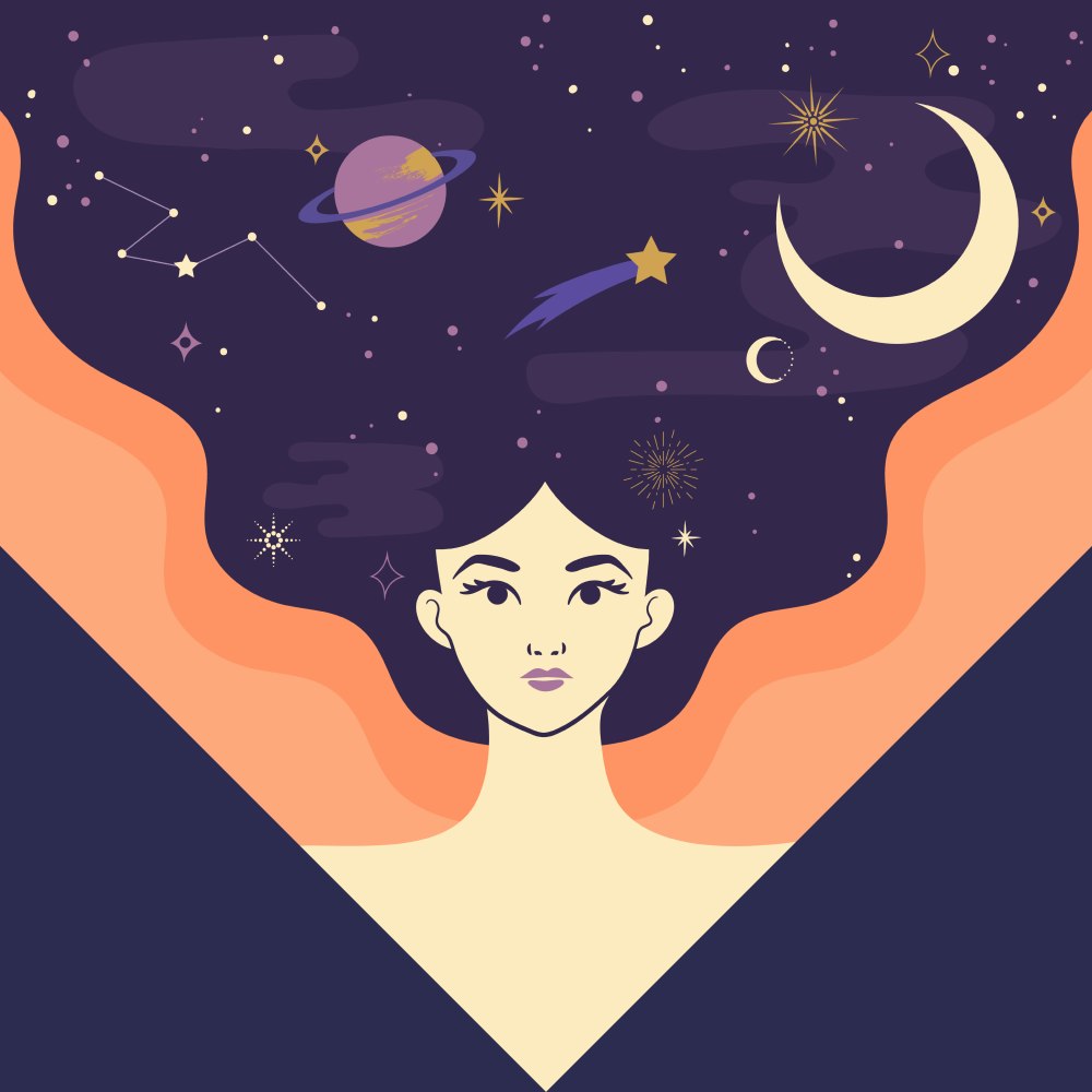 Powerful woman with the moon, stars, and planets in her flowing hair