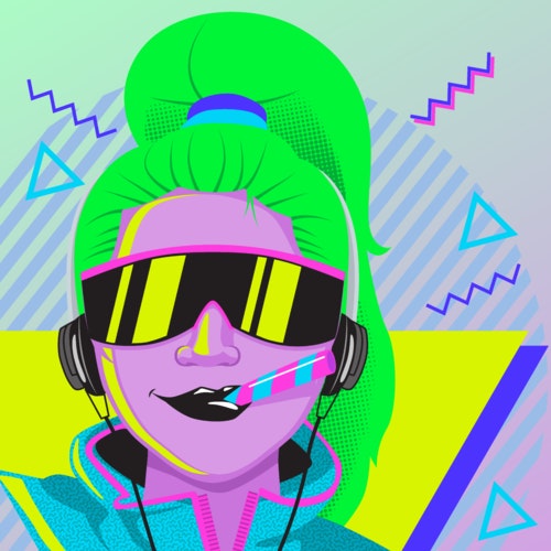 Retro, 80's style woman wearing sunglasses and listening to music on a walkman