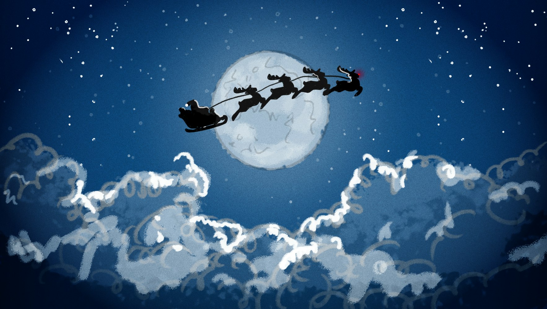 Free Art - Santa and his reindeer flying past the moon on ...