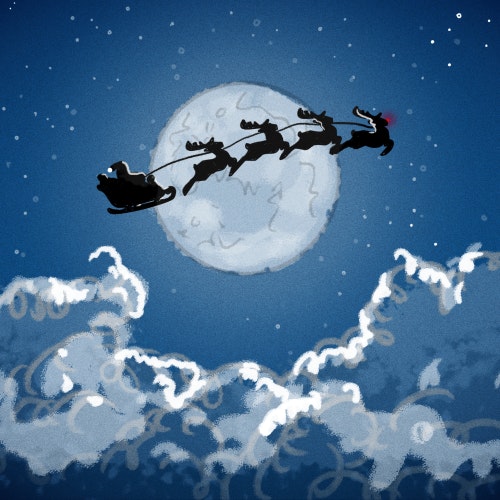 Santa and his reindeer flying past the moon on Christmas Eve