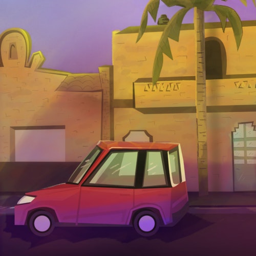 Small car parked in front of a building with a palm tree out front