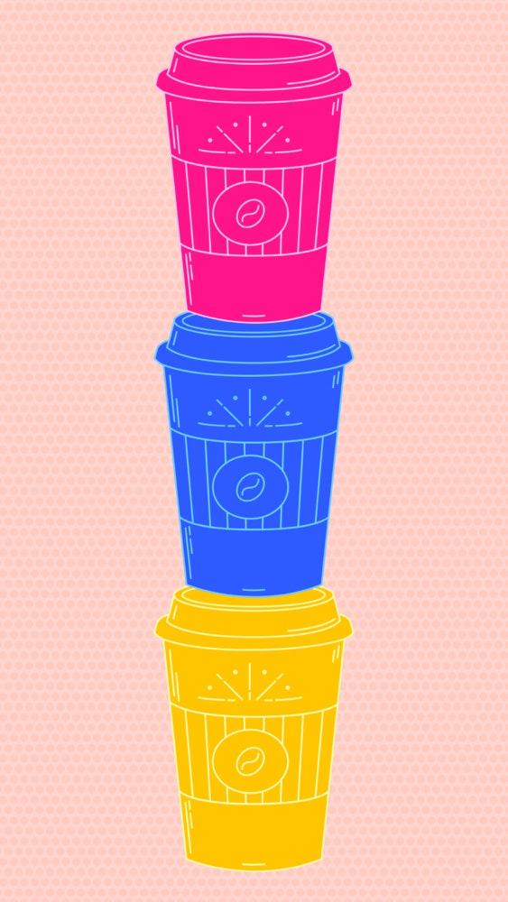Stack of three neon-colored takeaway coffee cups