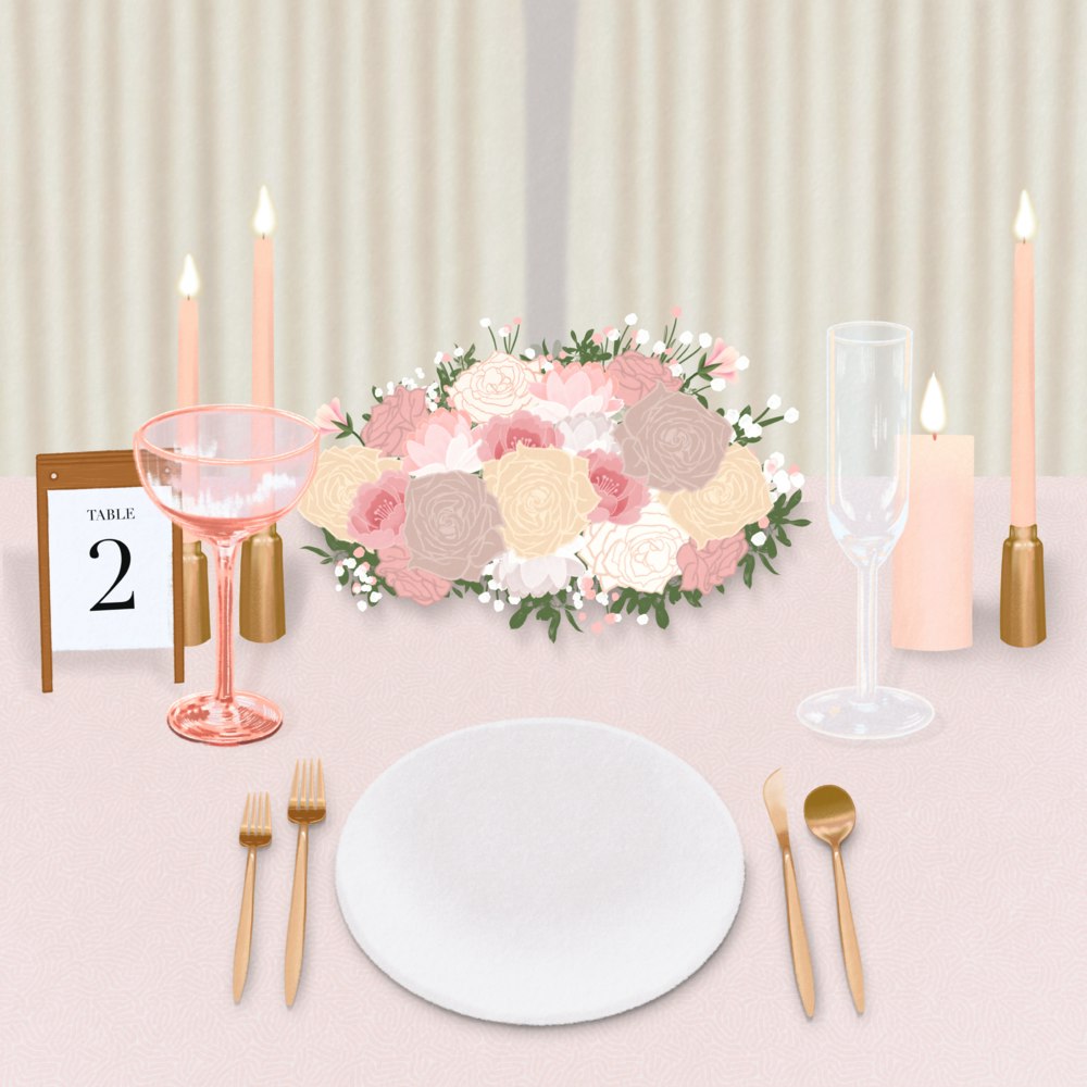 Table decorated for a wedding with champagne glasses, candles and flowers.