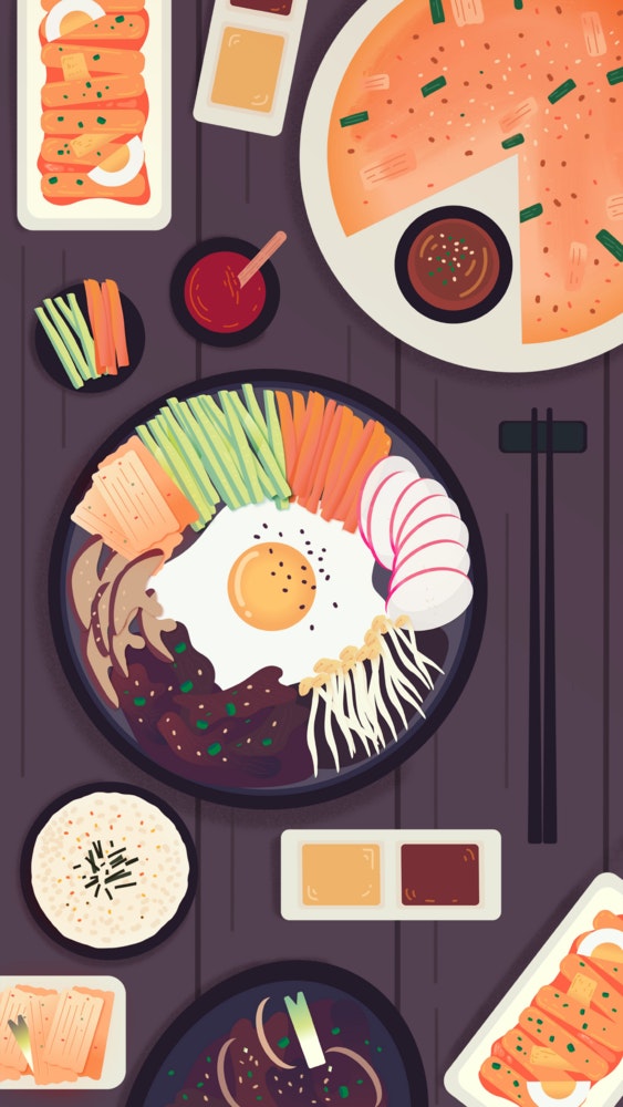 Table with various Korean foods