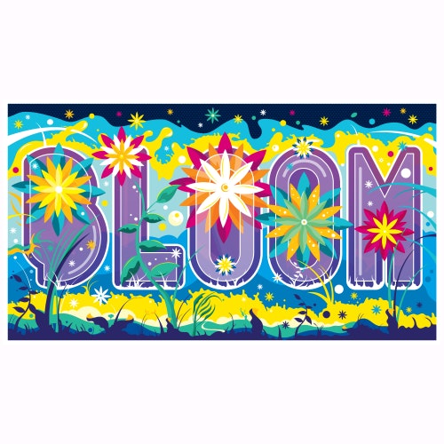 The word Bloom covered in bright flowers and colorful plants
