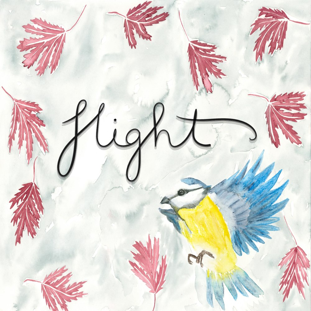 The word Flight with falling leaves and a flying bird