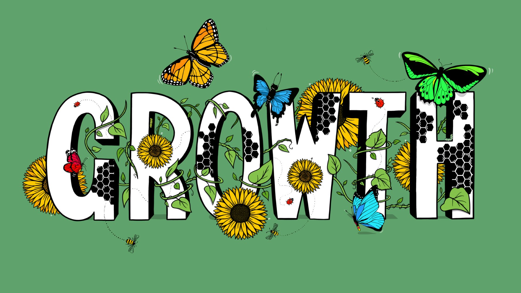 The word Growth covered in butterflies, sunflowers and vines