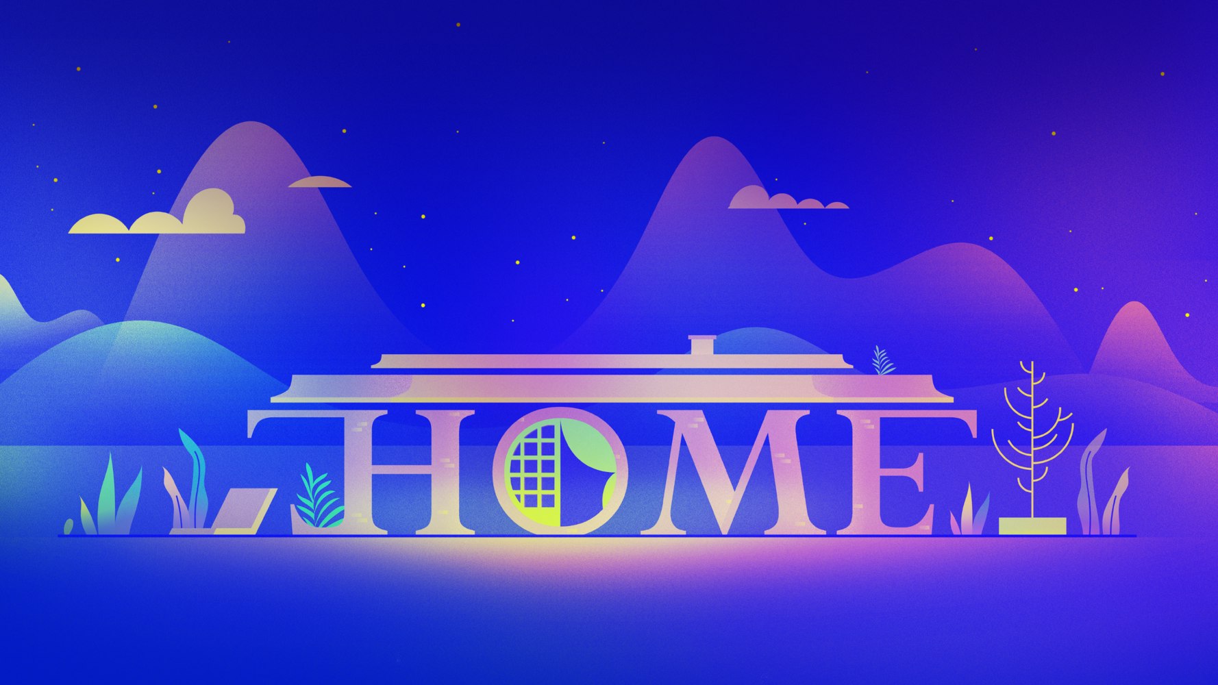 The word Home forming the outline of a house, with mountains in the background
