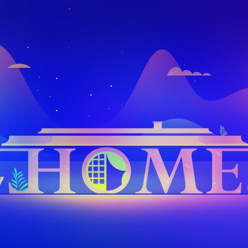 The word Home forming the outline of a house, with mountains in the background