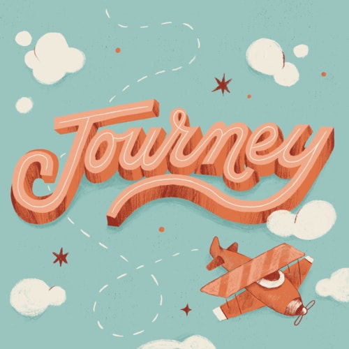 The word Journey featuring images of vintage airplane and clouds