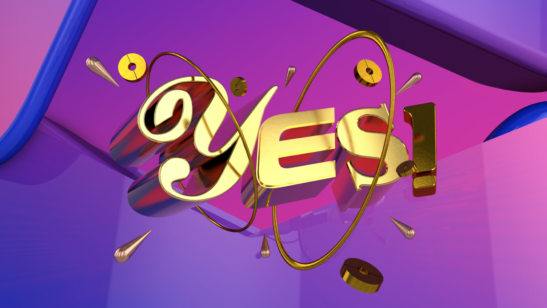 The word Yes featuring floating 3D objects
