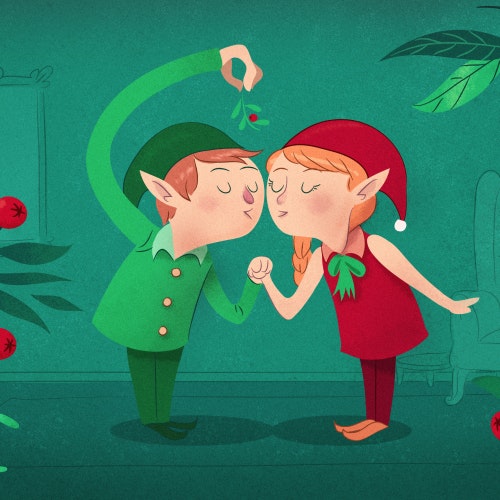 Two elves kissing under the mistletoe
