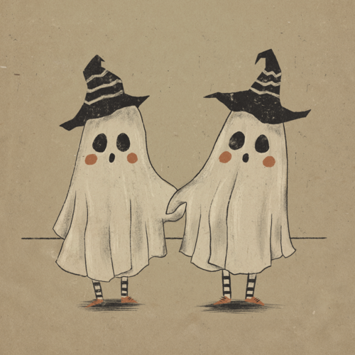 Free Art Two little ghosts holding hands dressed up for Halloween