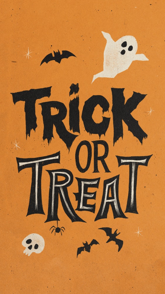 Vintage Trick or Treat Halloween poster with ghosts, bats, and spiders